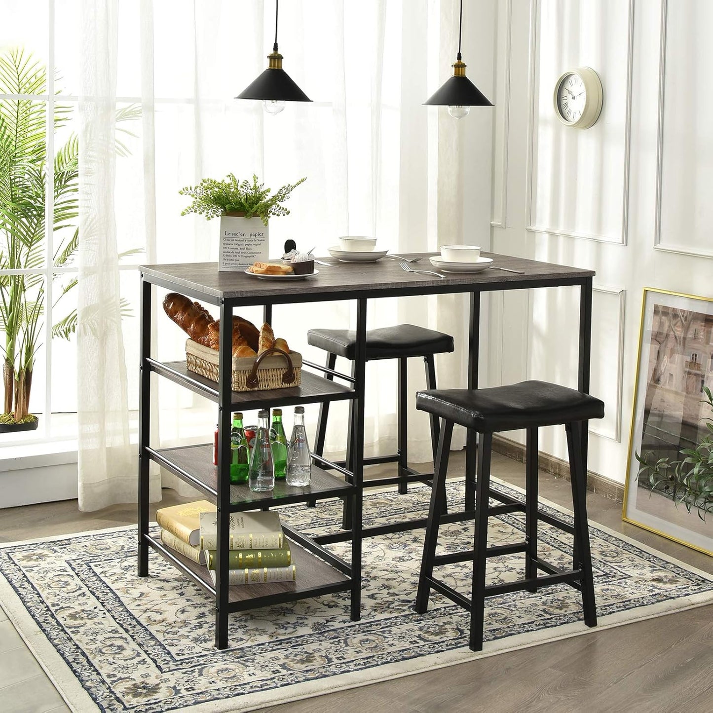 Giantex 3-Piece Dining Table Set, Counter Height Table Set w/2 Bar Stools, Modern Industrial Bar Table Set w/3 Tier Storage Shelves, Iron Frame, Soft Cushion, Perfect for Home, Kitchen, Dining Room