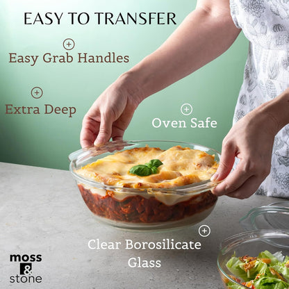 Moss & Stone Basics 3-Piece Glass Casserole With Covered, Borosilicate Glass Durable Bakeware Set, Glass Bowls Bakeware Dish Oven Safe & Microwave Safe, Clear Glass Baking Dish, 3 Round Casserole Dish With Lid