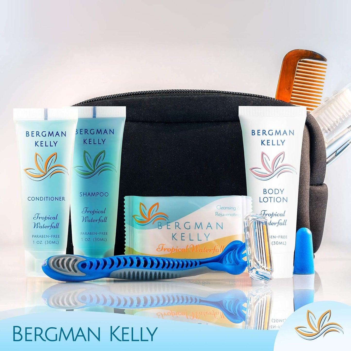 Bergman Kelly Hotel Toiletries Bundle - Tropical Waterfall, 1 oz each, 100 Pcs - 4-Piece Set: 25 Rectangular Bar Soap, 25 Shampoo, 25 Conditioner & 25 Body Lotion - Bulk Mini Guest Amenities