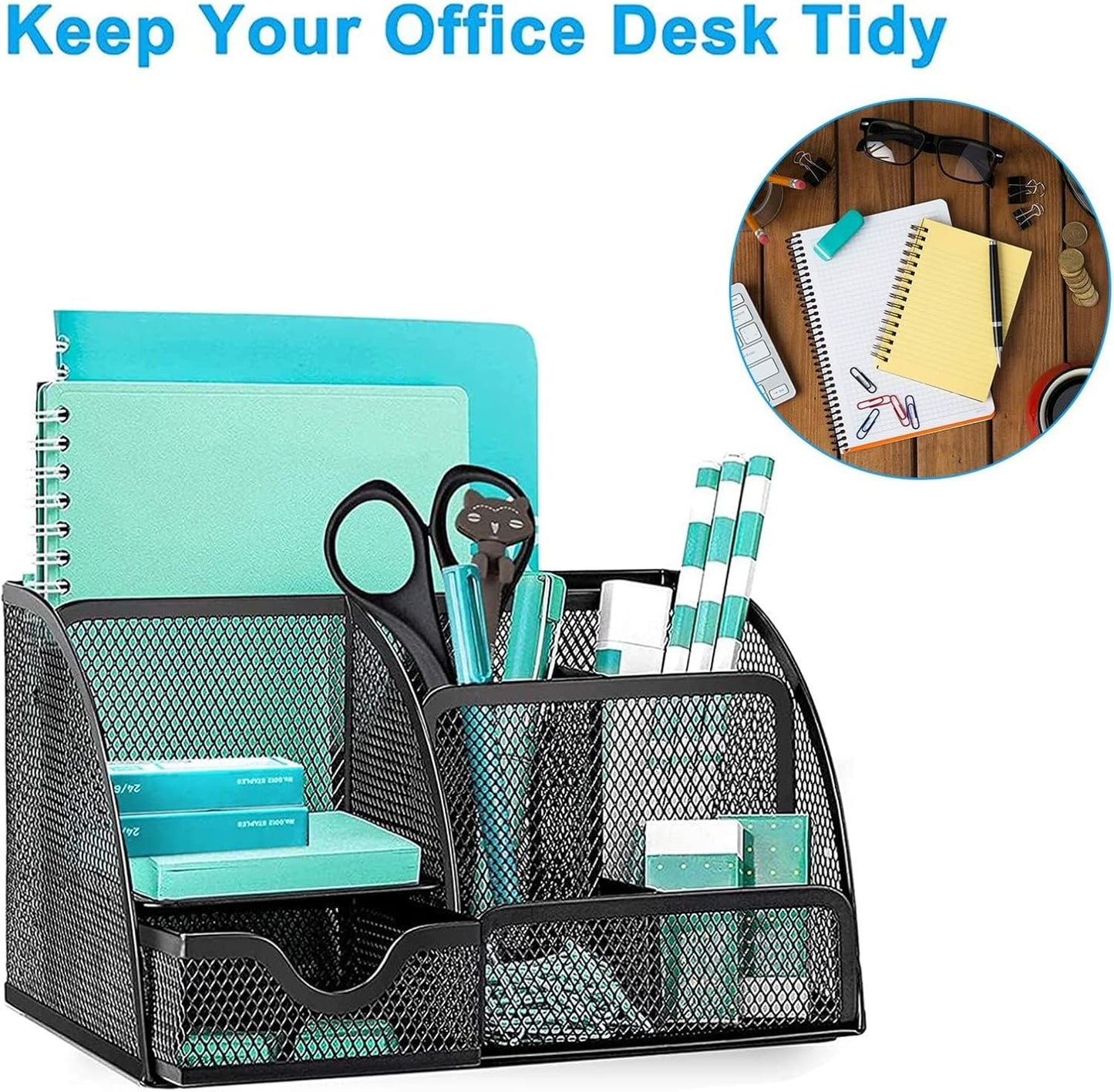 OKPOW Mesh Desk Organiser,Multi-Use Desk Tidy & Pen Holder with 6 storage and 1 Slide Drawer,Stationary Organiser for School,Home,Office desktop supplies (Black)