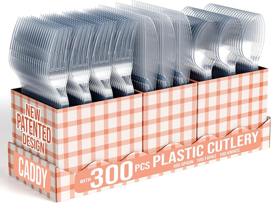 Exquisite Utensil Caddy Organizer with Clear Plastic Forks and Spoons & Knives Gingham Kitchen Utensil Holder for Party with 3 x 100 Plastic Spoons and Forks Disposable Knives Clear Cutlery Set