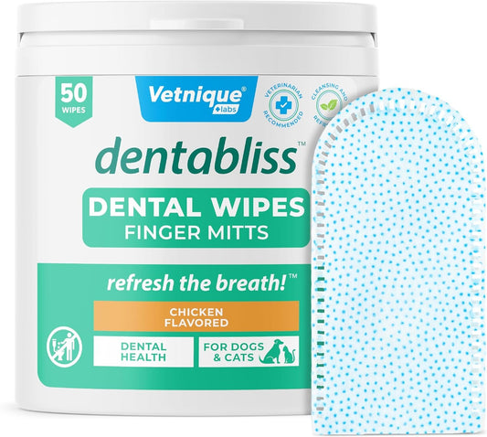 Vetnique Dentabliss - Dog Teeth Cleaning Finger Mitt Dental Wipe - Dog Plaque and Tartar Remover with Brushing Beads - Convenient Dog Teeth Wipes (Chicken)