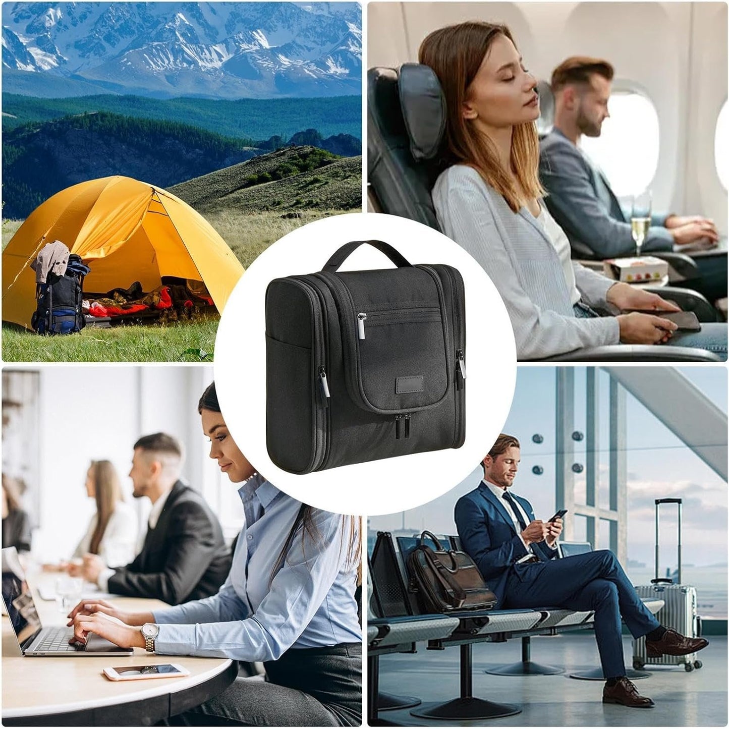 Toiletry Travel Bag, Waterproof Makeup Organizer, Spacious Cosmetic Case, Unisex Travel Pouch, Multi Compartment Storage, Portable Hygiene Kit, Sturdy Polyester Design, 9.45 Inches, Black,