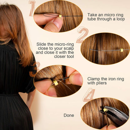 Chuangdi Hair Extension Tools Kit, 600 Silicone Lined Micro Ring Beads 1 Pliers 2 Hook Needle Pulling Loop 10 Curved Hair Needle 4 Alligator Clips 1 Comb 100 Black Mini Rubber Band