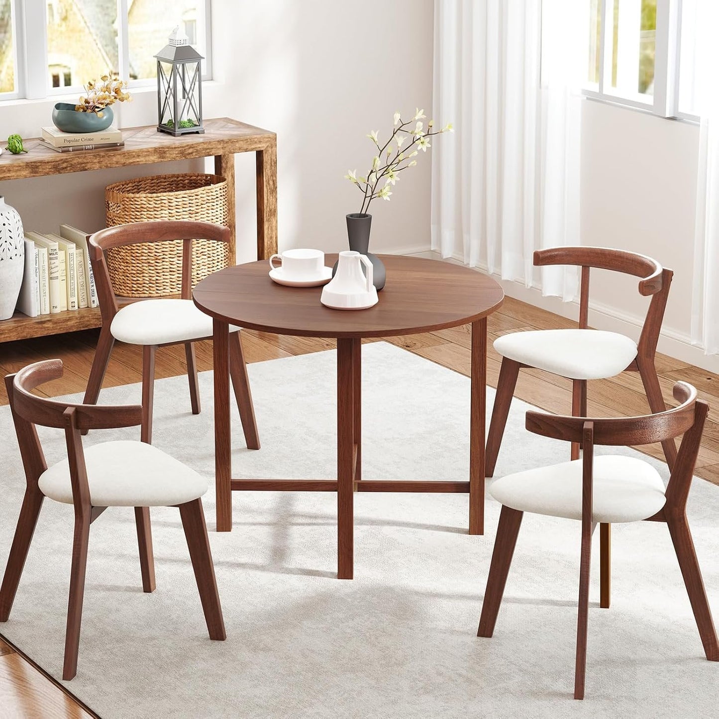 GOFLAME Round Drop Leaf Dining Table, 36” Folding Kitchen Table with Solid Wood Legs, Farmhouse Extendable Table for 2-4 People, Dinner Table for Dining Room, Living Room, Restaurant, Walnut