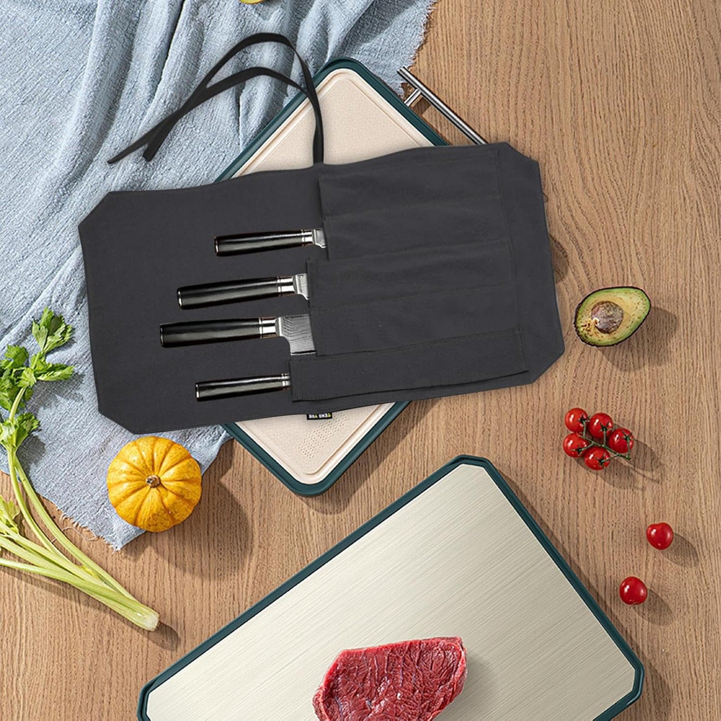 Cutter Roll Bag, Storage Kitchen Tool Organizer, Protective Travel Pouch, 21.26 x 13.78 Inches Portable Carry Case for Camping, Outdoor Cooking, Travel Gear, Black, Please refer to description