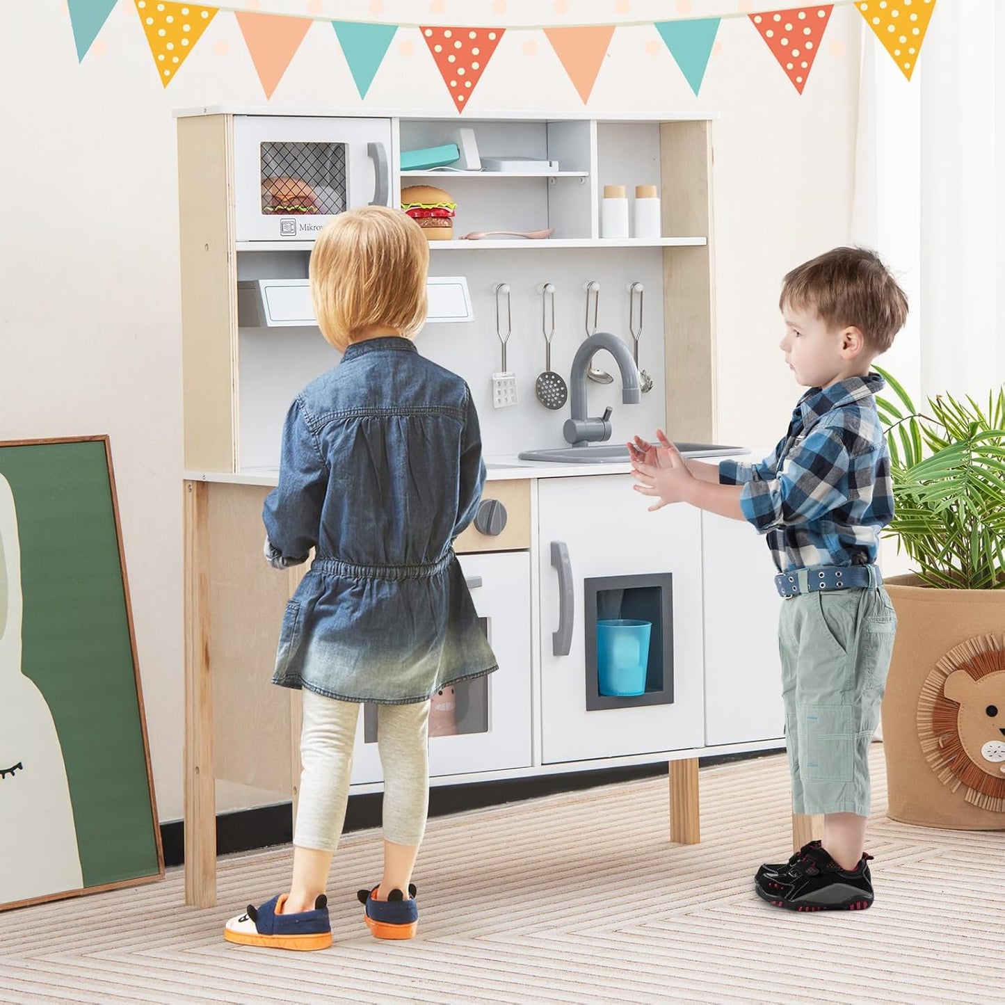 HONEY JOY Kids Kitchen Playset, Wooden Pretend Play Kitchen w/Microwave, Range Hood, Stoves, Play Sink, Oven, Ice Maker and 18 Accessories, Knobs with Sounds, Toy Kitchen with Towel Rack for Toddlers