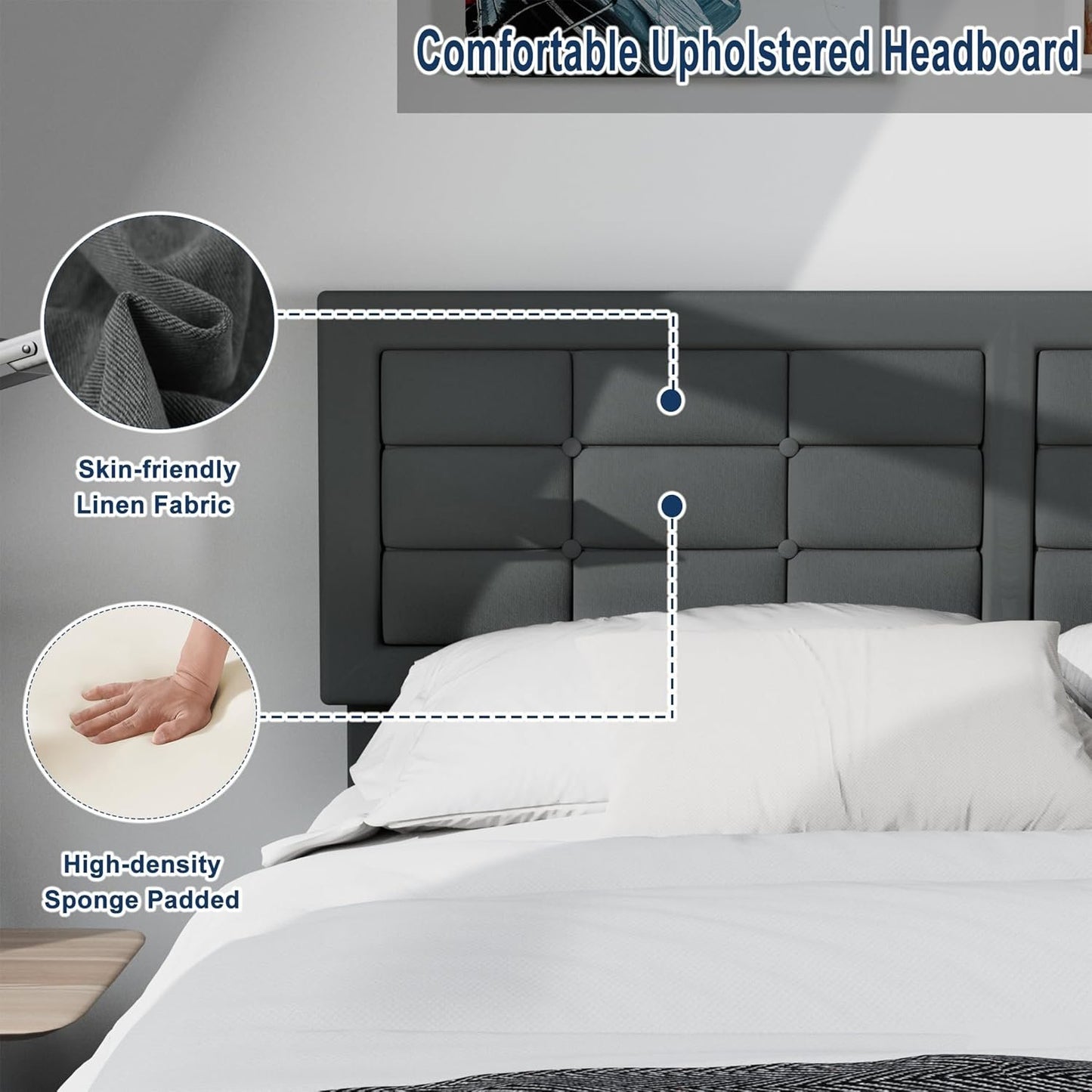 VECELO Queen Size Upholstered Bed Frame with Height Adjustable Fabric Headboard, Heavy-Duty Platform Bedframe/Mattress Foundation/Strong Wood Slat Support/No Box Spring Needed, Grey