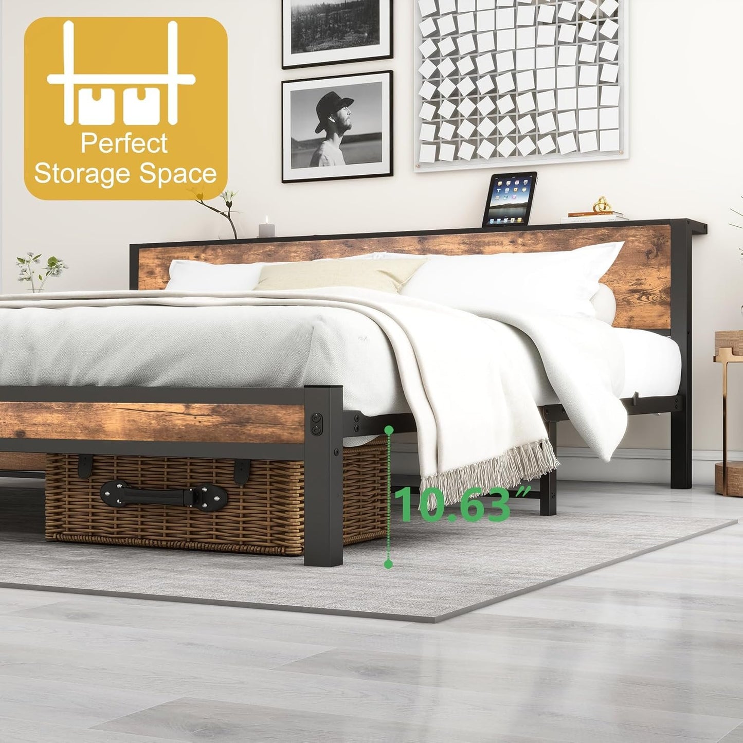 DUMEE Full Bed Frame with Wood Storage Headboard, Metal Platform Bed Frame Full, No Box Spring Needed, Noise Free, Reinforced Strong Support Leg, Textured Black&Brown Oak