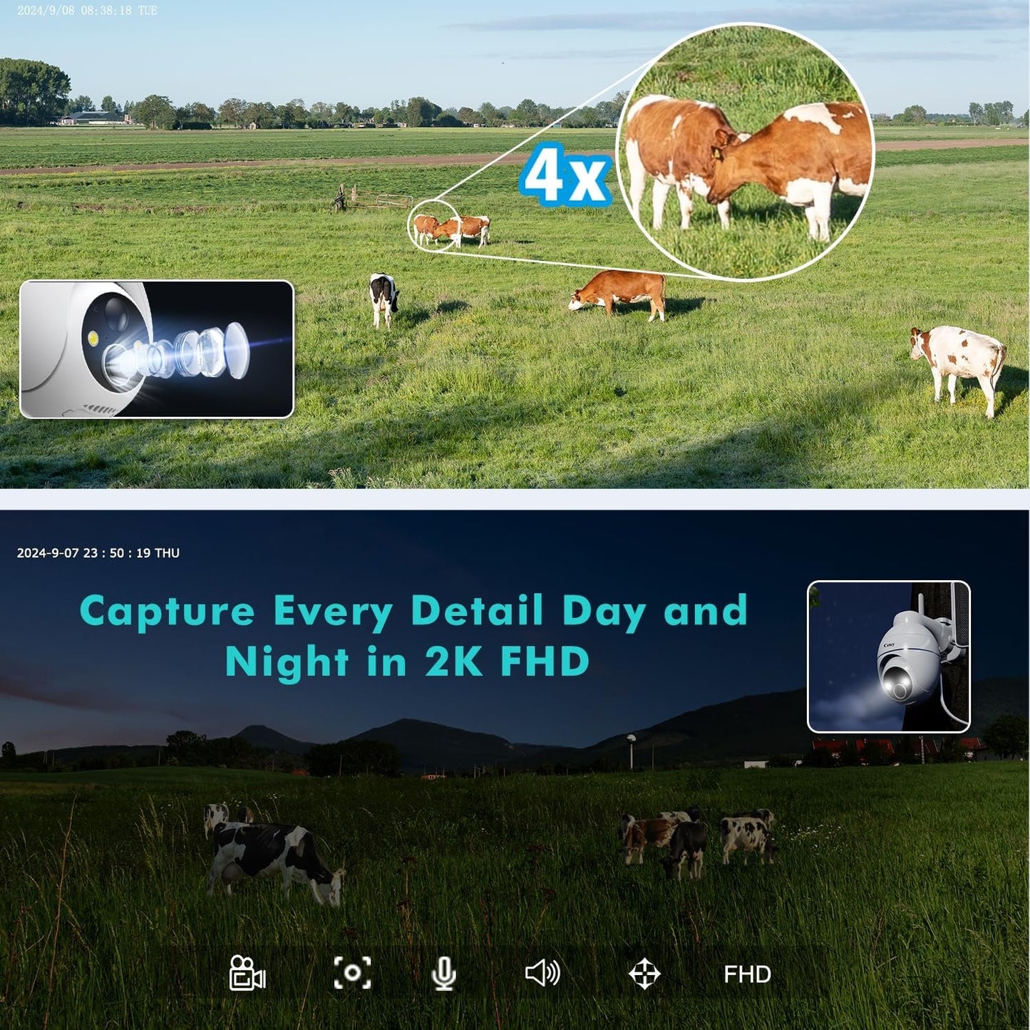 4G LTE Cellular Solar Security Camera Wireless Outdoor, No WiFi Needed, Solar Powered IP65 Waterproof, 2K Color Night Vision, 2 Way Talk, PIR Motion Alerts for Off-Grid Farm, Ranch, Rural Property