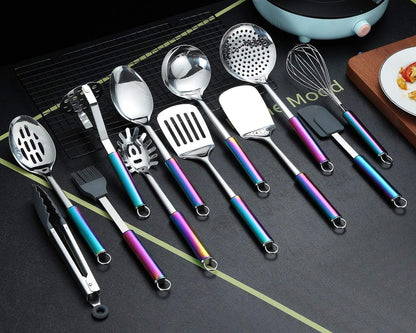 HOMQUEN Stainless Steel Kitchen Utensils Set, 12-Piece Kitchen Utensils, Kitchen Gadgets Set of Cookware, Best Gift Set of Kitchen Utensils (Coloured Handle)