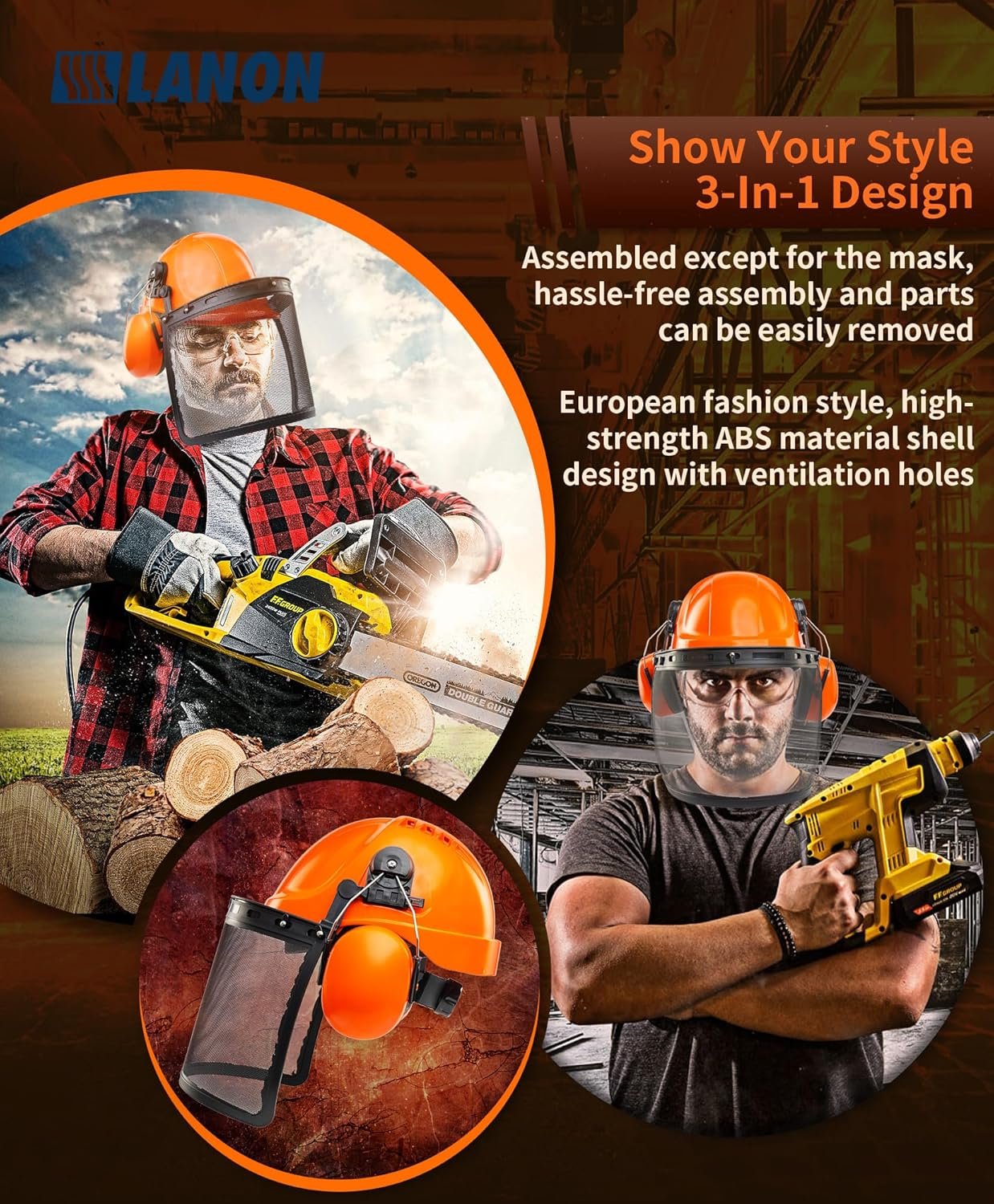 LANON Chainsaw Helmet Forestry Safety Helmet Protection System,ANSI Approved Hard Hats with Adjustable Ear Muffs & Face Shield Visor, 6 Point Adjustable Ratchet Suspension, Class C, Orange