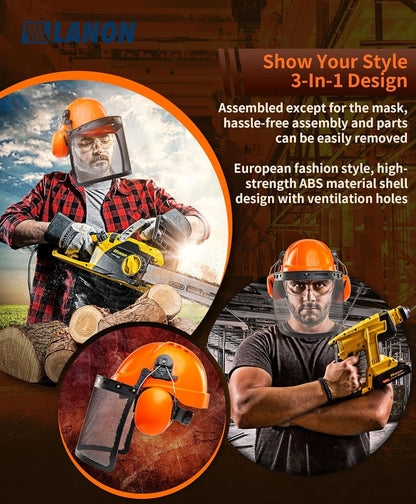 LANON Chainsaw Helmet Forestry Safety Helmet Protection System,ANSI Approved Hard Hats with Adjustable Ear Muffs & Face Shield Visor, 6 Point Adjustable Ratchet Suspension, Class C, Orange