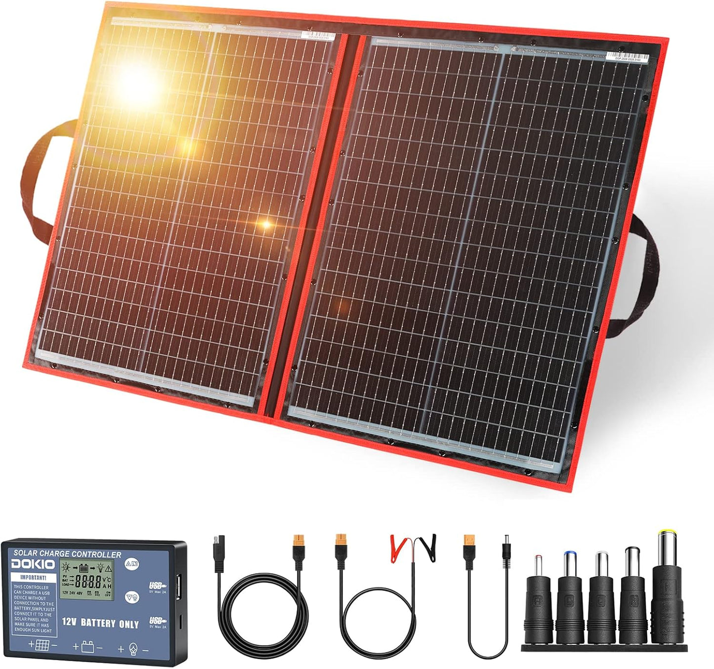 DOKIO 110W 18V High-Efficiency Monocrystalline Foldable Solar Panel Kit with Integrated Charge Controller High Conversion Efficiency for Solar Generator Camping Balcony RVs Off-Grid