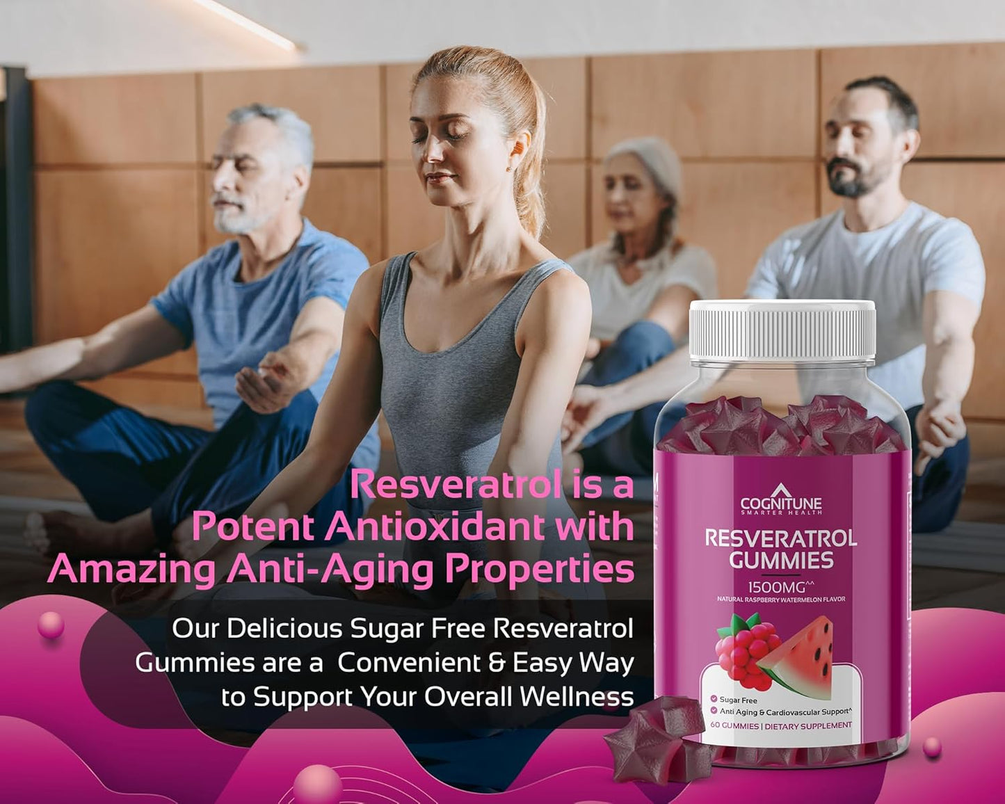 Resveratrol Gummies - Sugar Free Natural Raspberry Watermelon Flavor, 1500mg Resveratrol Supplement for Heart, Brain, Immune Support & Wellness, Powerful Antioxidant with Anti-Aging Benefits
