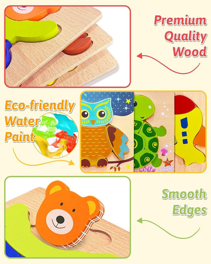 Gojmzo Wooden Puzzles for Toddlers 1-3 Toys Gifts for 1 2 3 Year Old Boys Girls, Montessori Educational Toys Preschool Learning Activities, 6 Pack Animal Jigsaw Puzzle Game