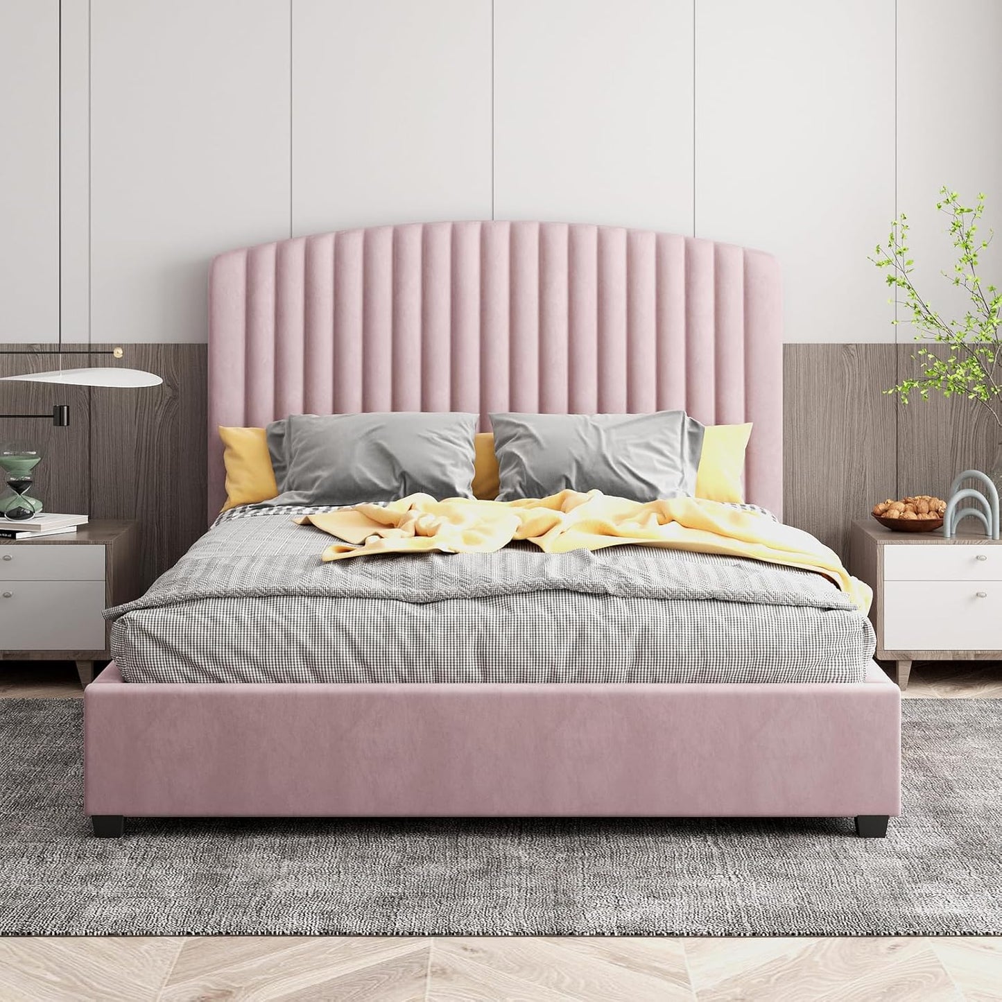 Pink Velvet Upholstery Quality Slats Metal Structure Bed Frame in Double Size