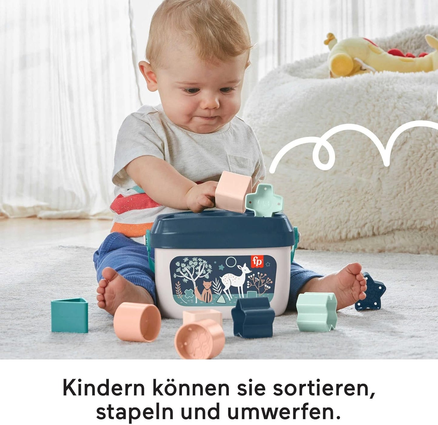 Fisher-Price Stacking Toy Baby’s First Blocks Set of 10 Shapes for Sorting Play Ages 6+ Months, Navy Fawn