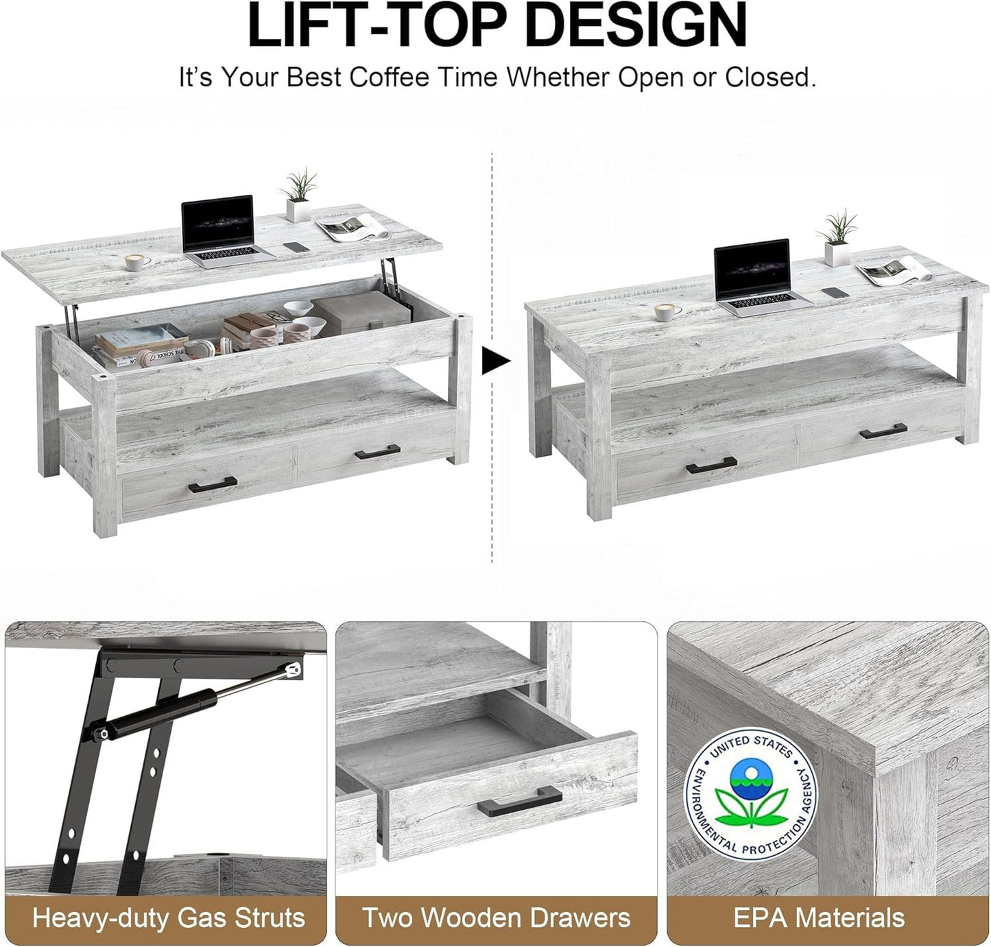 FABATO 47.2 inch Lift Top Coffee Table with Storage Drawers, Hidden Compartment, Large Farmhouse Table Lift Tabletop, Rising Tabletop Dining Table for Living Room Reception Room, Gray