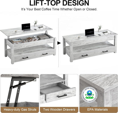FABATO 47.2 inch Lift Top Coffee Table with Storage Drawers, Hidden Compartment, Large Farmhouse Table Lift Tabletop, Rising Tabletop Dining Table for Living Room Reception Room, Gray