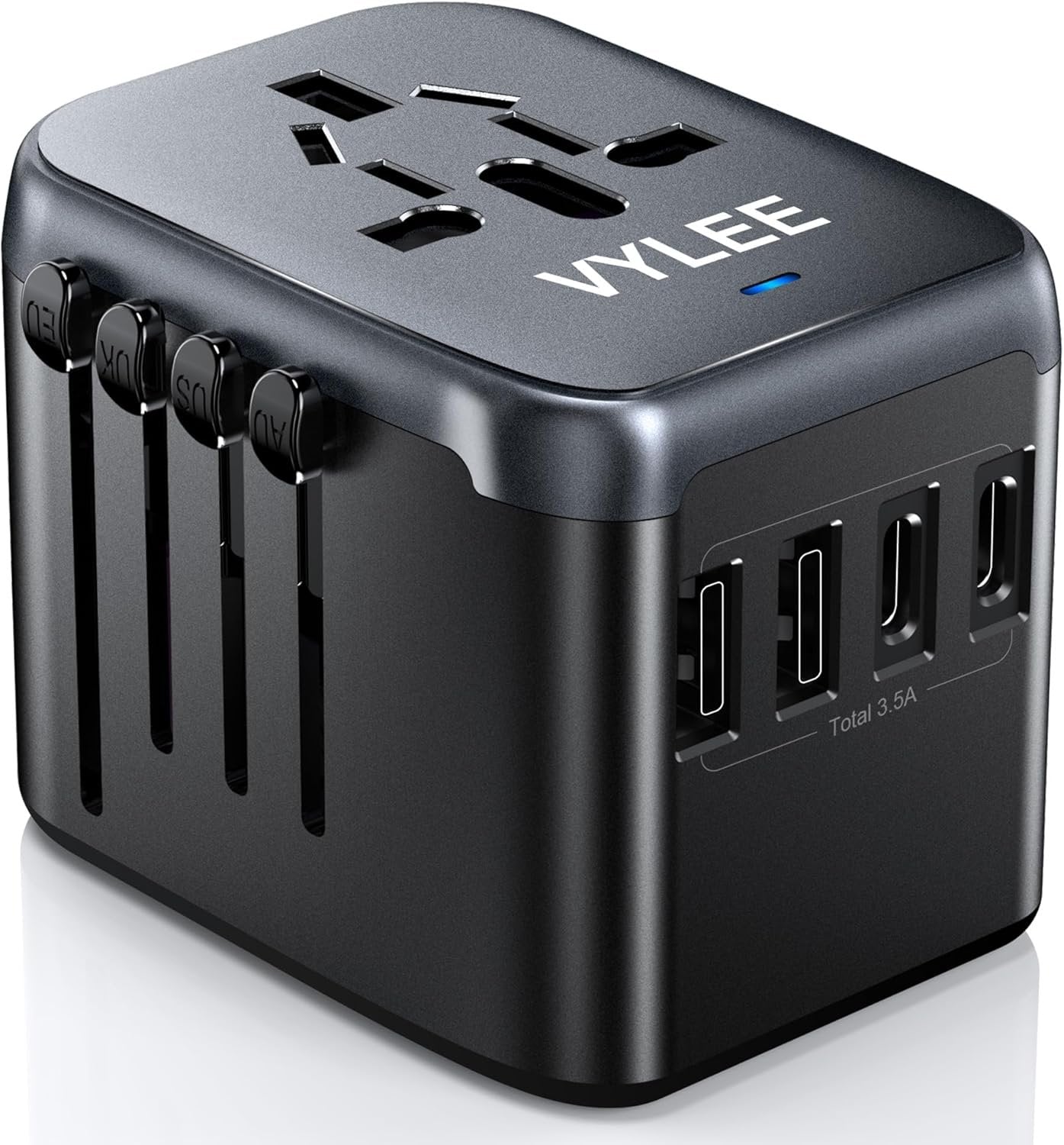 VYLEE Universal International Power Travel Plug Adapter, 5 in 1 European Travel Plug Adapter W/ 3.5A 2xUSB-A and 2xUSB C Wall Charger and Worldwide AC Outlet for Europe USA UK AUS Asia (Black Grey)