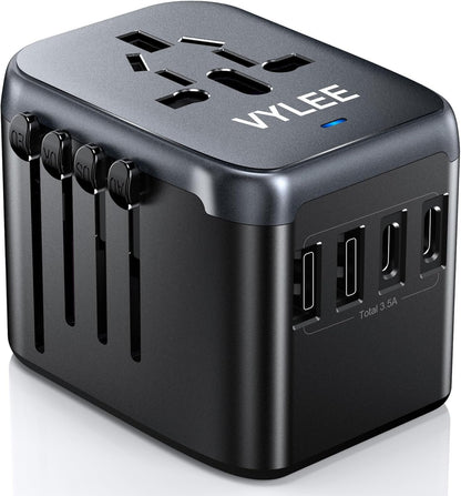 VYLEE Universal International Power Travel Plug Adapter, 5 in 1 European Travel Plug Adapter W/ 3.5A 2xUSB-A and 2xUSB C Wall Charger and Worldwide AC Outlet for Europe USA UK AUS Asia (Black Grey)