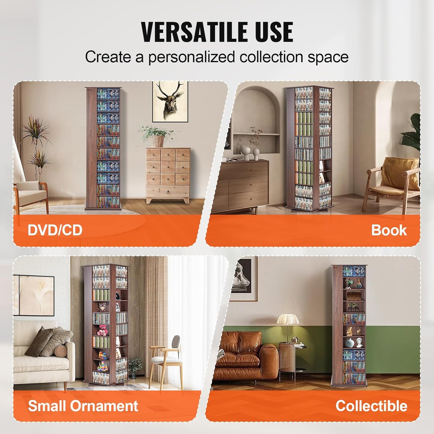 VEVOR Espresso Rotating Media Tower, 10-Adjustable Shelf, Wood & Iron, 164.5cm, Brown, Home Organization, Media, Memorabilia