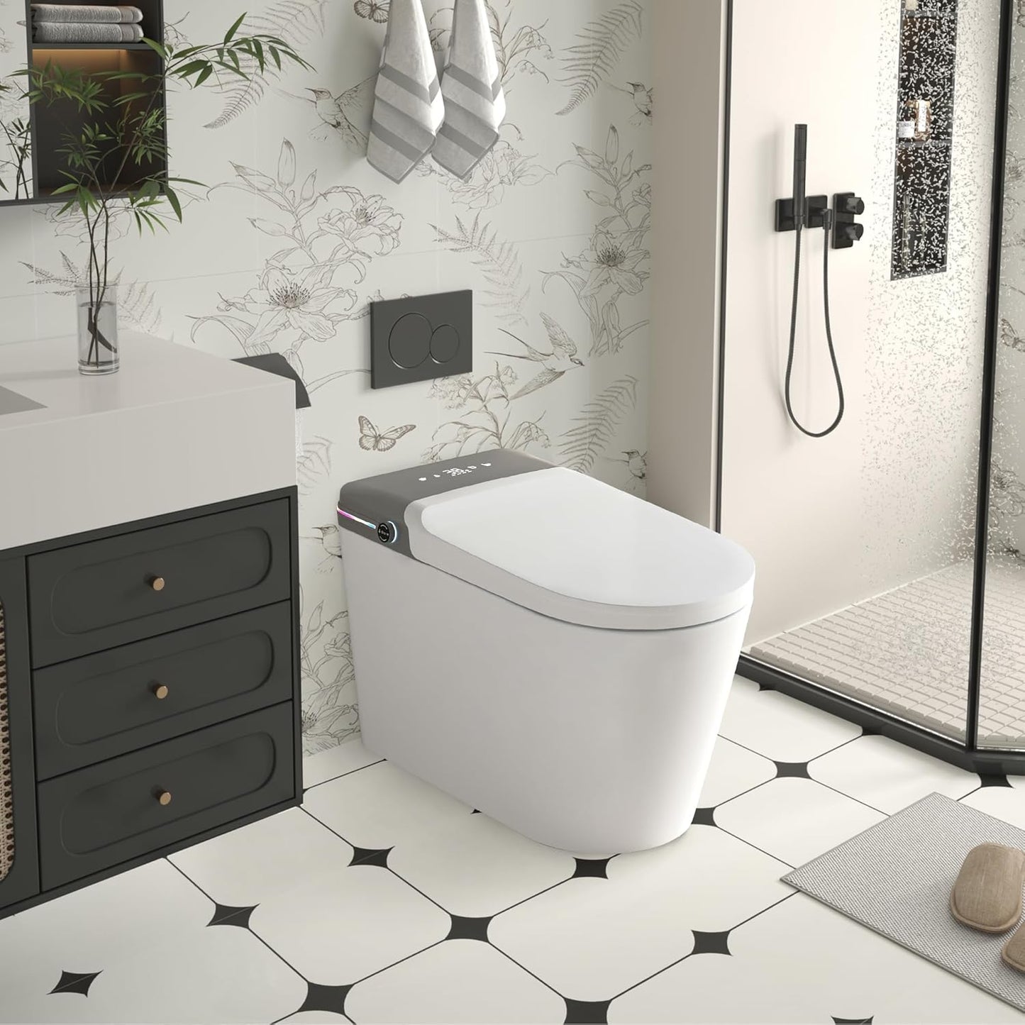 Smart Bidet Toilet With Remote Control, Auto Open/Heated Seat, Led Display, Warm Water & Dry, Aromatherapy, Foot Sensor, Tankless Design (White) (1 Seat)