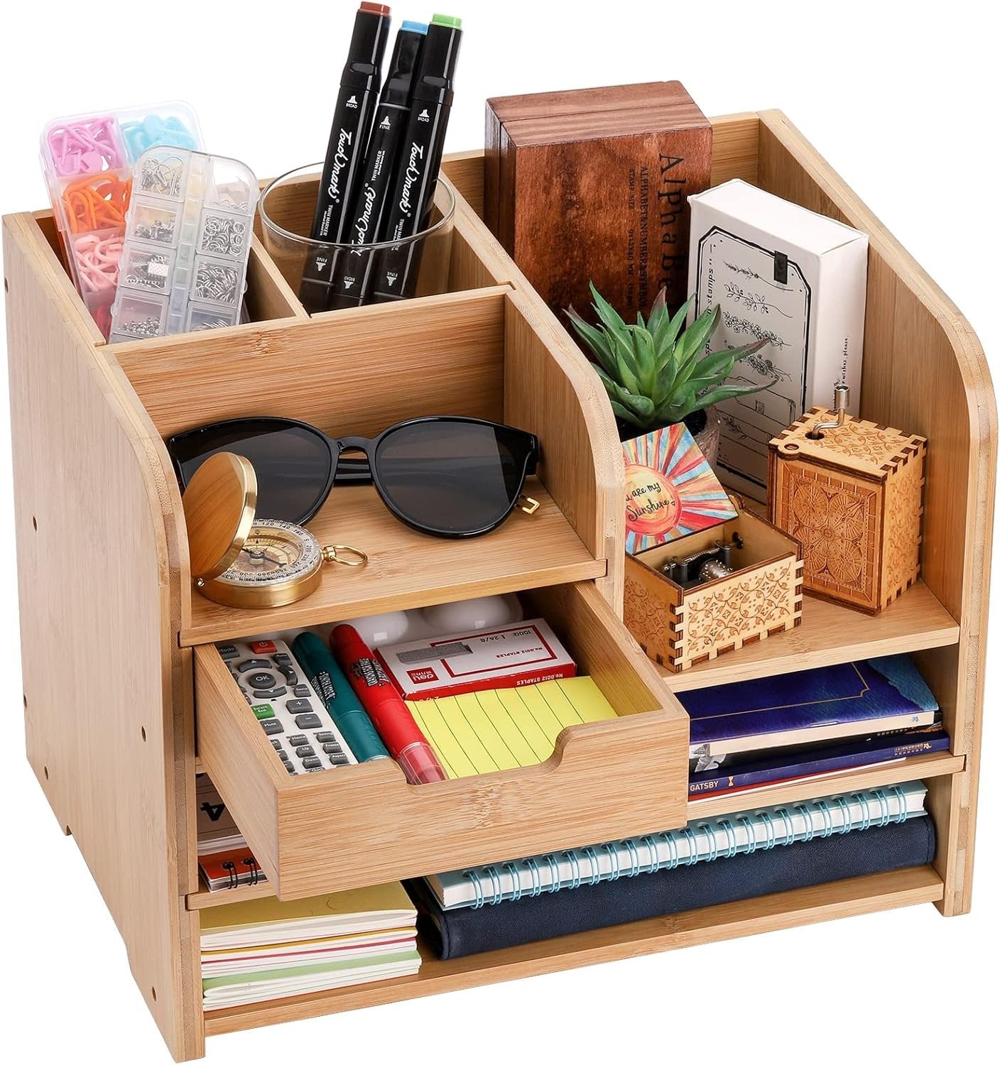Frcctre Bamboo Desktop Organizer with Drawer, 3 Tier Wooden Desk File Document Organizer with Pen Holder, Tabletop Stationery Storage Organizer Storage Rack for Desk Accessories, Office Supplies