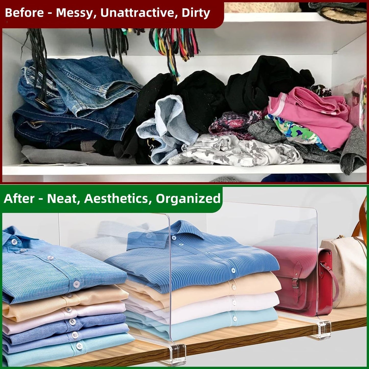 FORYUSE 12 Pack Acrylic Shelf Dividers for Closet Organization Clear Organiser Wooden Shelving Cabinet Separator Bedroom Kitchen Office Bookcase