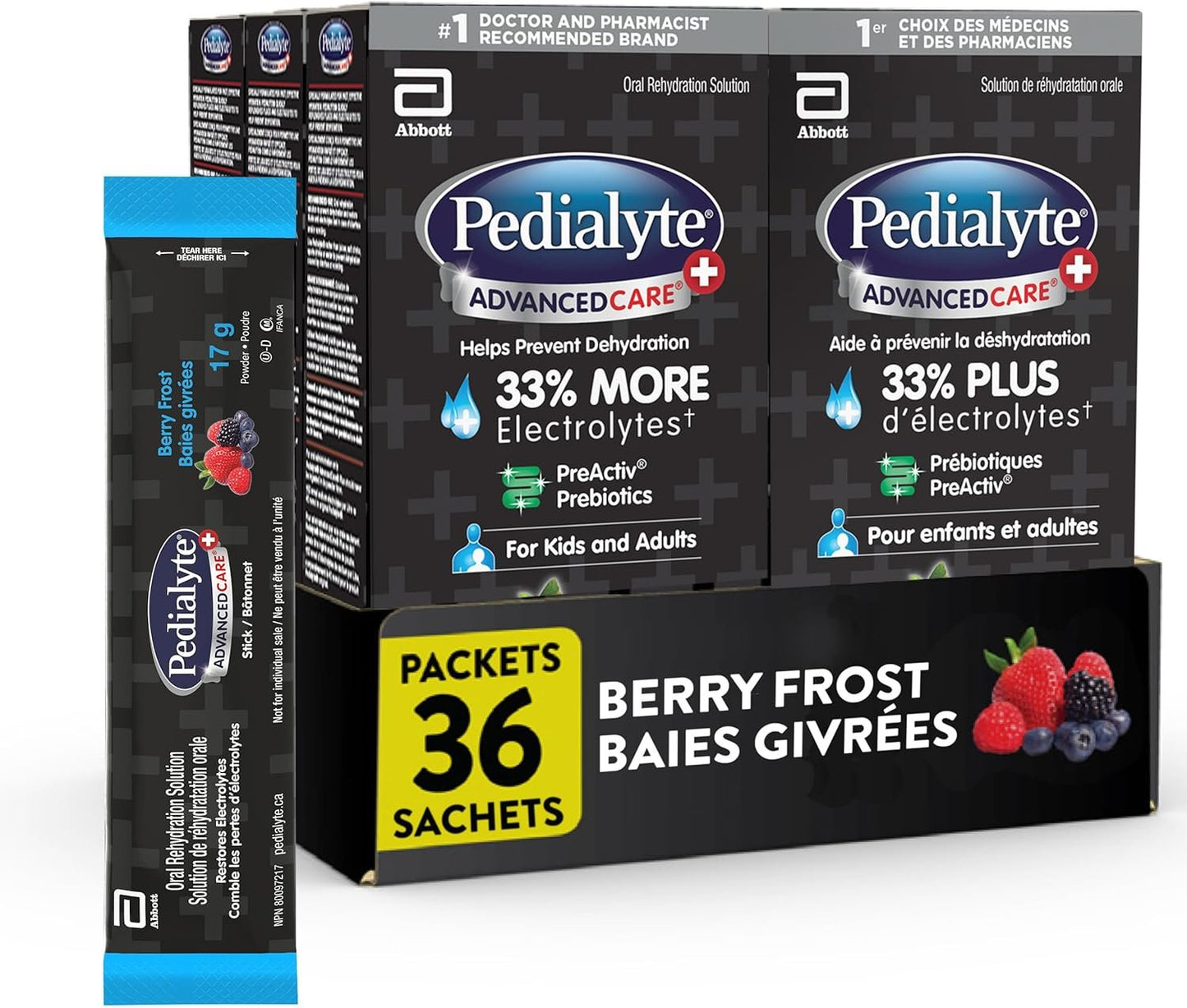 Pedialyte AdvancedCare Plus Electrolyte Powder Sticks Value Pack, Electrolytes For Dehydration, Electrolyte Powder Packets, Berry Frost, 36x17g