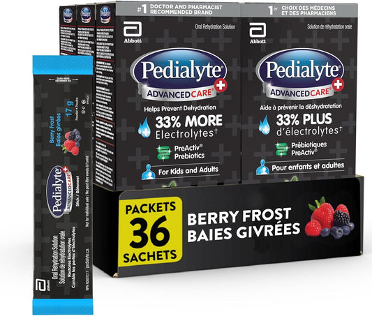 Pedialyte AdvancedCare Plus Electrolyte Powder Sticks Value Pack, Electrolytes For Dehydration, Electrolyte Powder Packets, Berry Frost, 36x17g