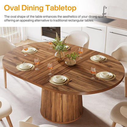 Tribesigns Oval Dining Table for 6 People, 55.11-Inch Farmhouse Kitchen Dinner Table with Cylindrical Pedestal (Brown)