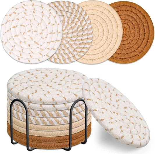 Mckanti Drink Coasters Set of 8, 4 Colors Absorbent Cotton Woven Round Coasters for Living Room Decor, Tabletop Protection Suitable for Kinds of Cups, 4.3 Inches