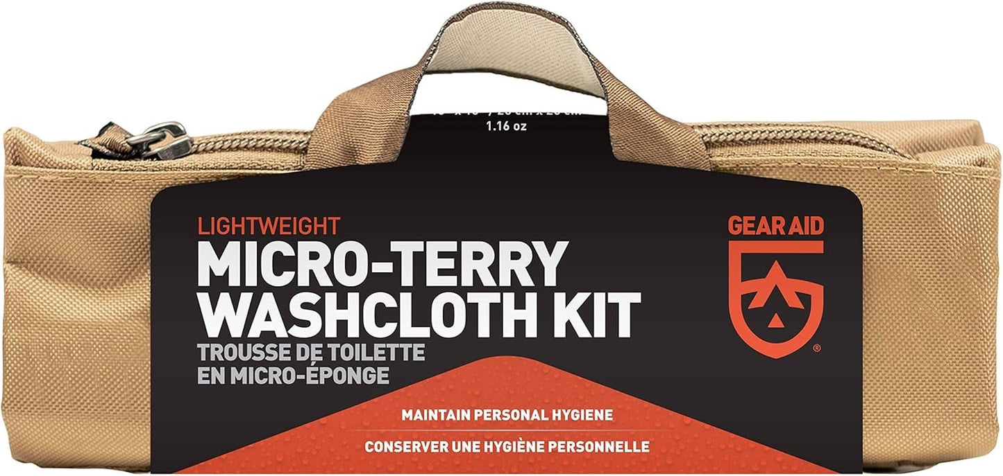 GEAR AID Micro-Terry Washcloth Kit for Travel – Soft, Quick-Drying, Set of 2 Washcloths (10”x10”) in OD Green & Sand Colors, Compact & Lightweight for On-The-Go Use