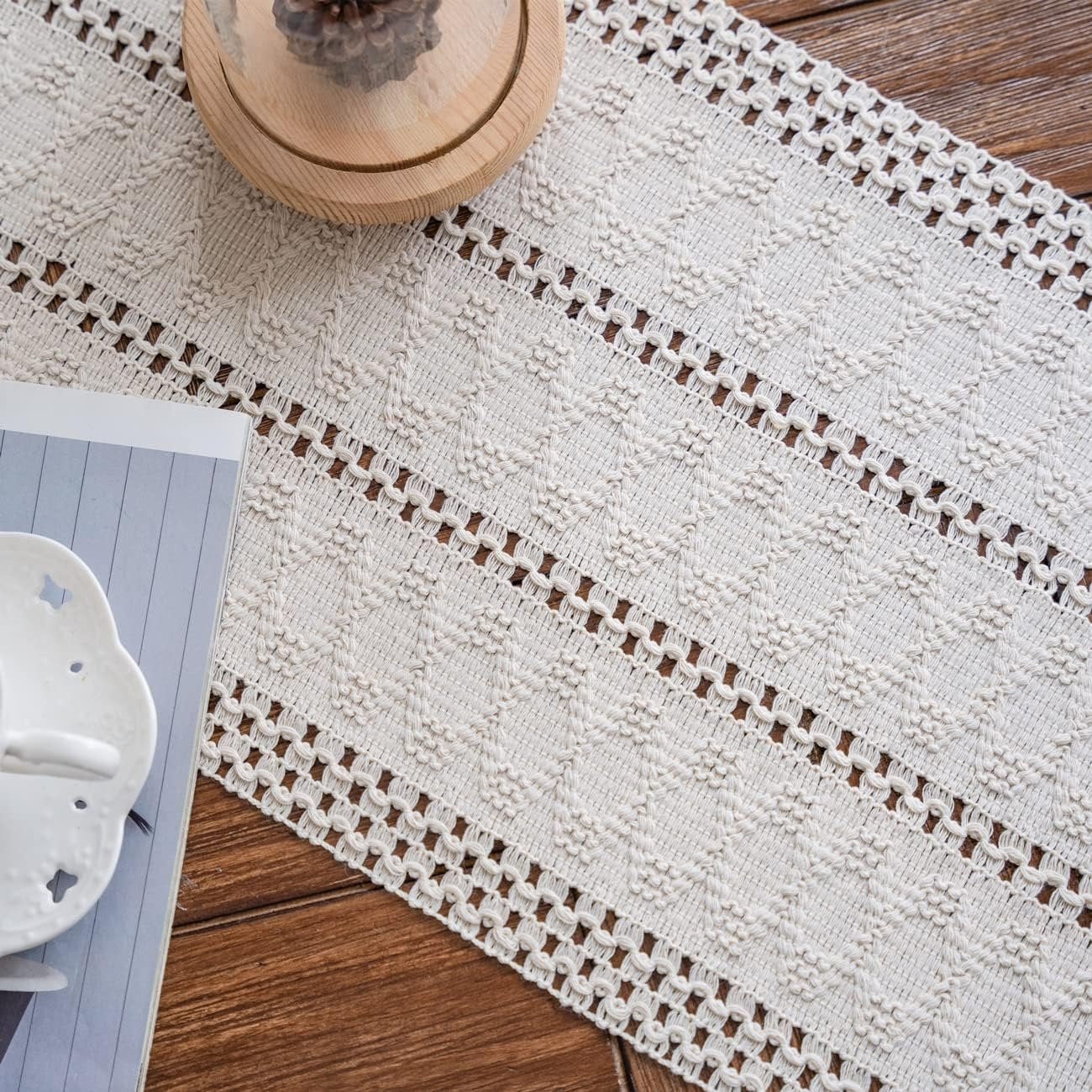 Alynsehom Macrame Table Runner Cream Beige Boho Table Runners with Tassels Hand Woven Cotton Table Runner Rustic Farmhouse Table Runners for Bohemian Kitchen Dining Table(12x95in)