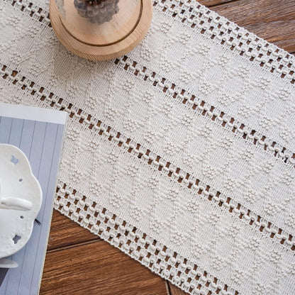 Alynsehom Macrame Table Runner Cream Beige Boho Table Runners with Tassels Hand Woven Cotton Table Runner Rustic Farmhouse Table Runners for Bohemian Kitchen Dining Table(12x95in)