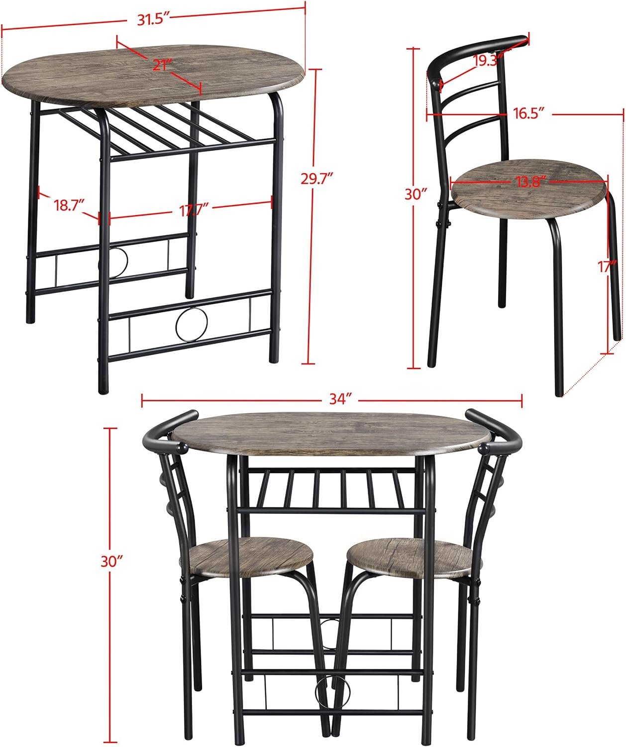 Yaheetech 3-Piece Dining Table Set, Kitchen Table & Chair Sets for 2, Compact Table Set w/Steel Legs, Built-in Wine Rack for Breakfast Nook, Small Space, Apartment, Drift Brown