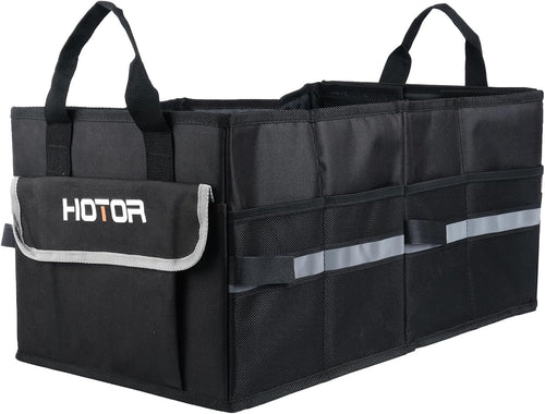 HOTOR Foldable Trunk Organizer - SUV, Sedan & Van Compatible, Sturdy Base Panel for Car Accessories, Black, 2 Compartments, 54.4×32.4×27.4cm