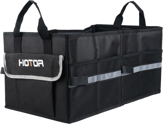HOTOR Foldable Trunk Organizer - SUV, Sedan & Van Compatible, Sturdy Base Panel for Car Accessories, Black, 2 Compartments, 54.4×32.4×27.4cm