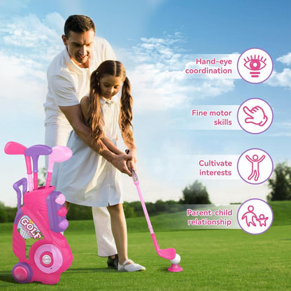 Liberry Toddler Golf Set for 2 3 4 5 Years Old, Upgraded Kids Golf Cart with Unique Shoulder Strap Design, Indoor and Outdoor Golf Toys for Boys Girls (Pink)