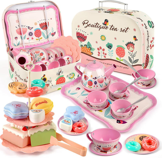 Flower Tea Set for Little Girls, Birthday Gift for Age 3 4 5 6 Year Old, Toddler Toys Tea Party Set for Little Girls, Princess Kids Kitchen Pretend Toy with Tin Tea Set, Desserts & Carrying Case