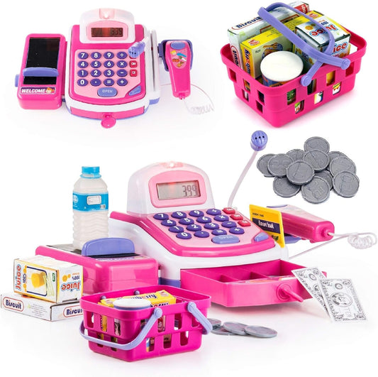 Prextex Pretend Play Store Electronic Toy Cash Register for Kids - STEM Toy with Mic Speaker and Play Money Included