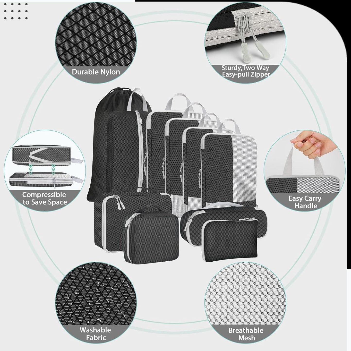 Avmvnvc Suitcase Organizer, 10 Piece Set Travel Organizer Space Saving Suitcase Organizer Compression Packing Cubes Packing Cubes Organizer Suitcase for Clothes, Cosmetics, Black