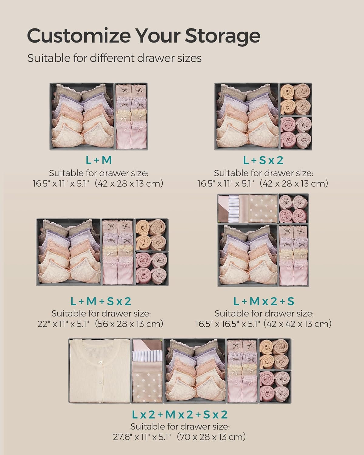 SONGMICS Drawer Organizers, Dresser Divider Organizers, Set of 12, Foldable Fabric Storage Boxes for Socks, Underwear, Bras, Ties, Scarves, Dove Gray URDZ006G02