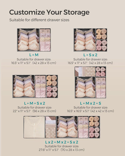 SONGMICS Drawer Organizers, Dresser Divider Organizers, Set of 12, Foldable Fabric Storage Boxes for Socks, Underwear, Bras, Ties, Scarves, Dove Gray URDZ006G02