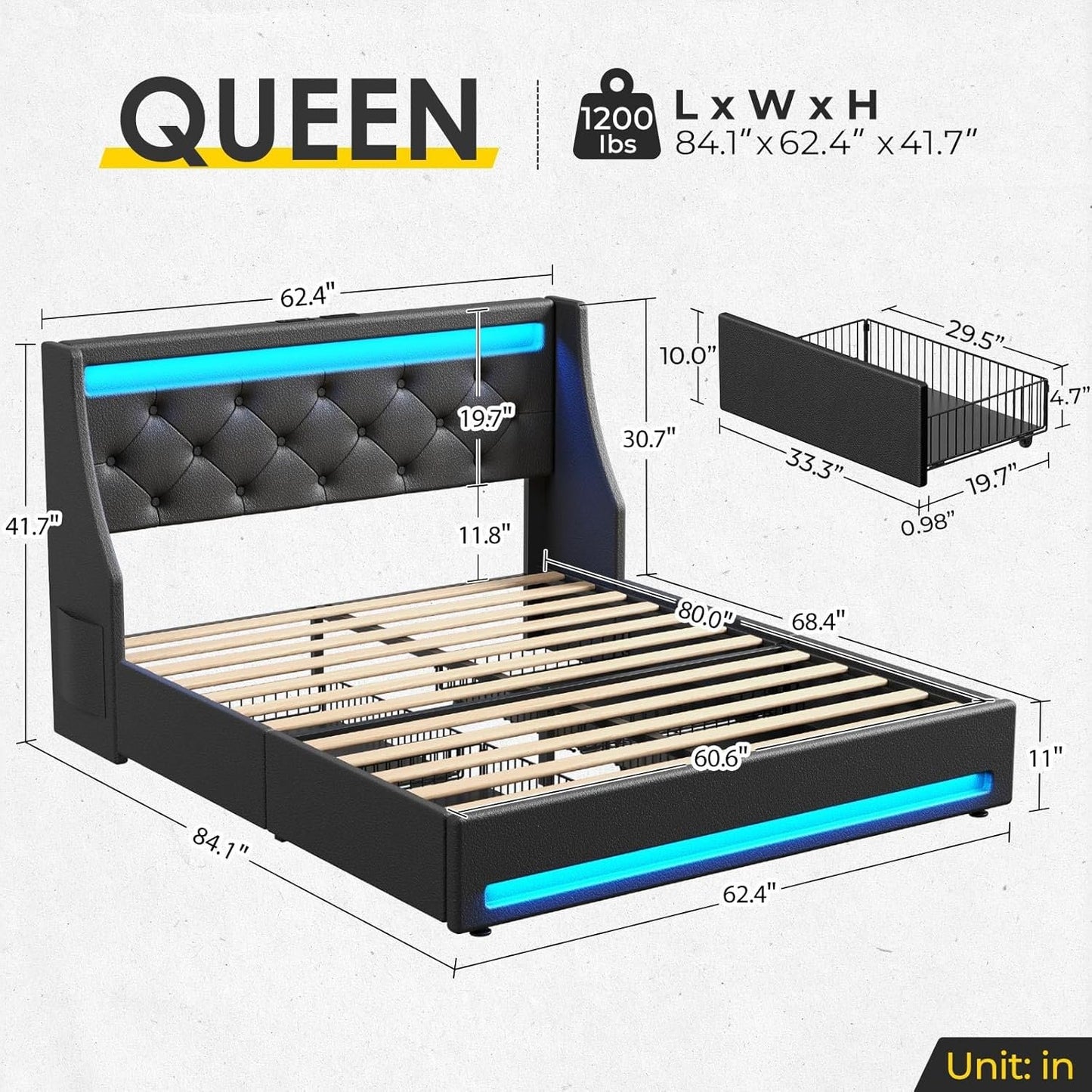 Rolanstar Queen Bed Frame with 4 Storage Drawers, Charging Station and LED Lights, Upholstered PU Leather Platform Bed with Heavy Duty Wooden Slats, No Box Spring Needed, Noise Free, Easy Assembly