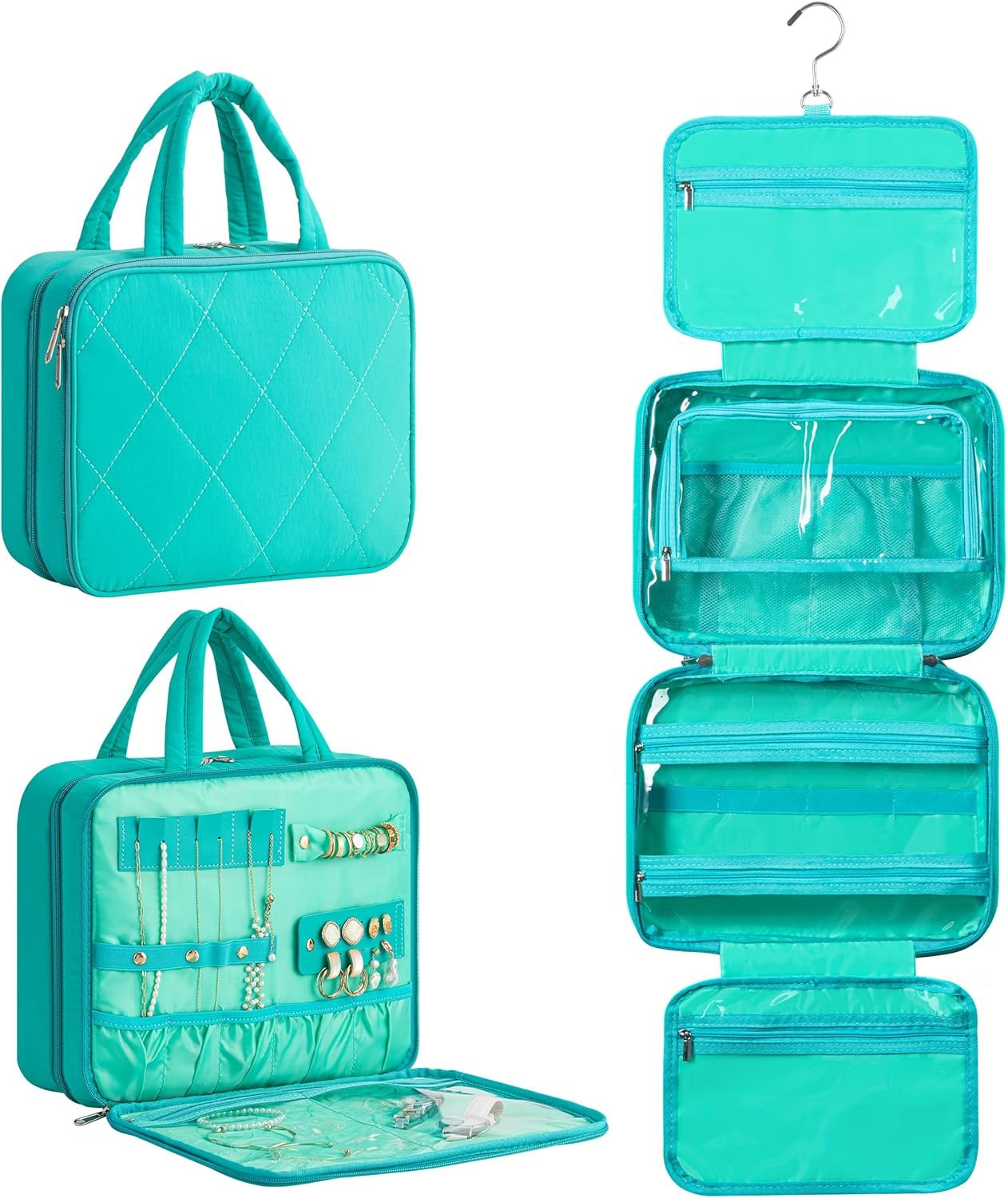 HBlife Travel Toiletry Bag with Jewelry Organizer for Women, Puffy Hanging Travel Bag for Toiletries with Trolley Belt, Waterproof Makeup Cosmetic Bag, Carry-on Travel Accessories Essentials(Teal, M)
