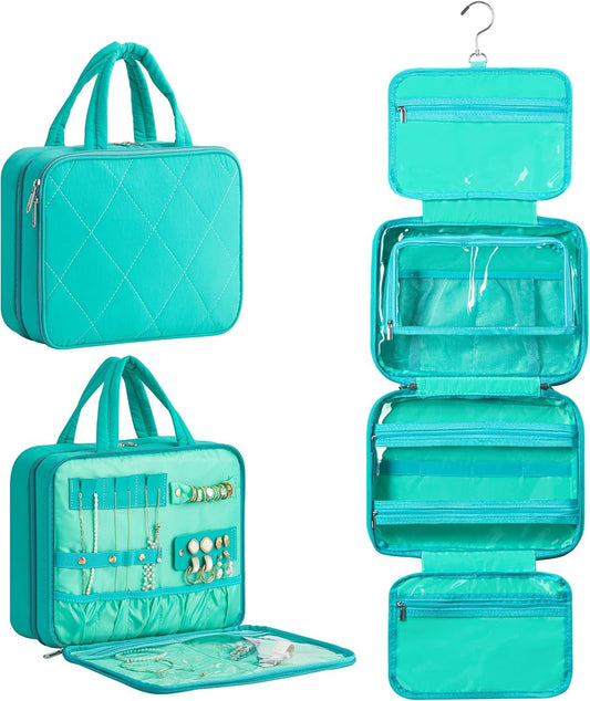 HBlife Travel Toiletry Bag with Jewelry Organizer for Women, Puffy Hanging Travel Bag for Toiletries with Trolley Belt, Waterproof Makeup Cosmetic Bag, Carry-on Travel Accessories Essentials(Teal, M)