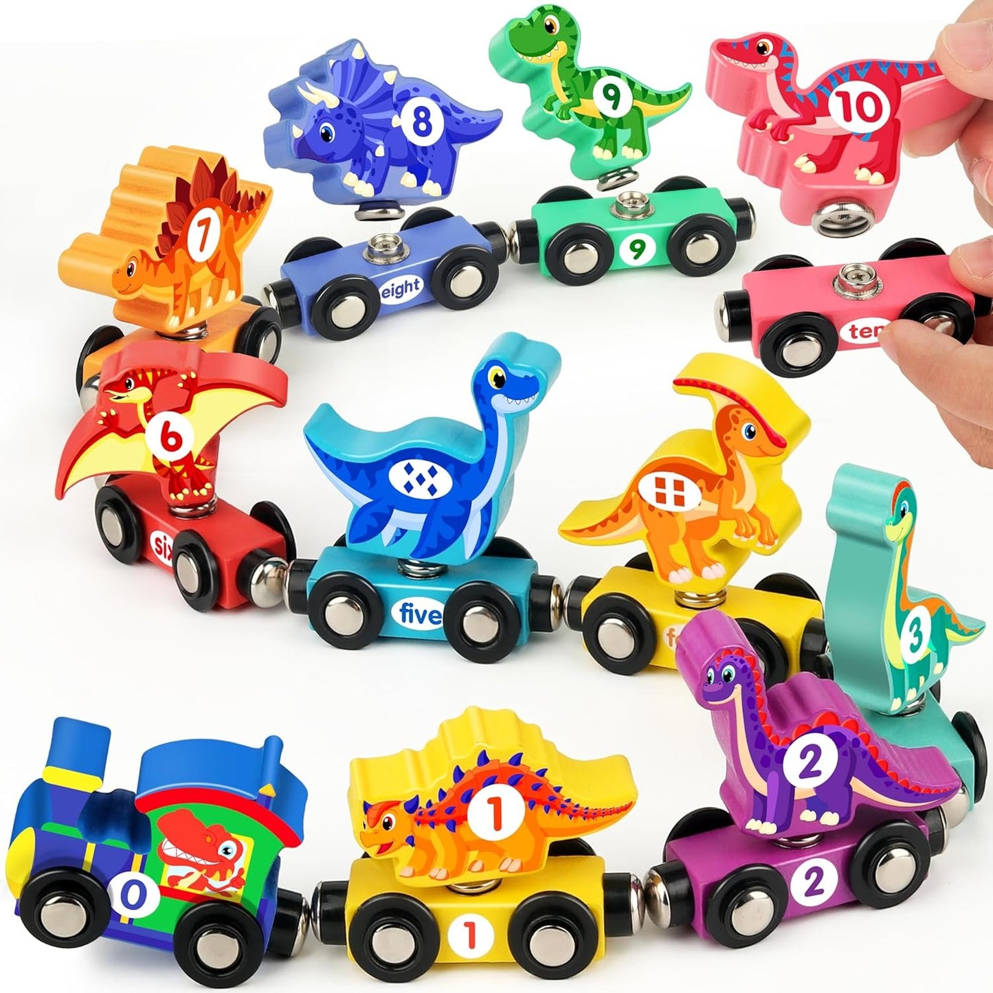 Vanmor Wooden Train Set with Dinosaur Toys, Educational Toddler Matching and Magnetic Number Train Learning Toys for Kids Ages 3-5, Montessori Gift for Boys and Girls who Love Trains and Dinosaurs
